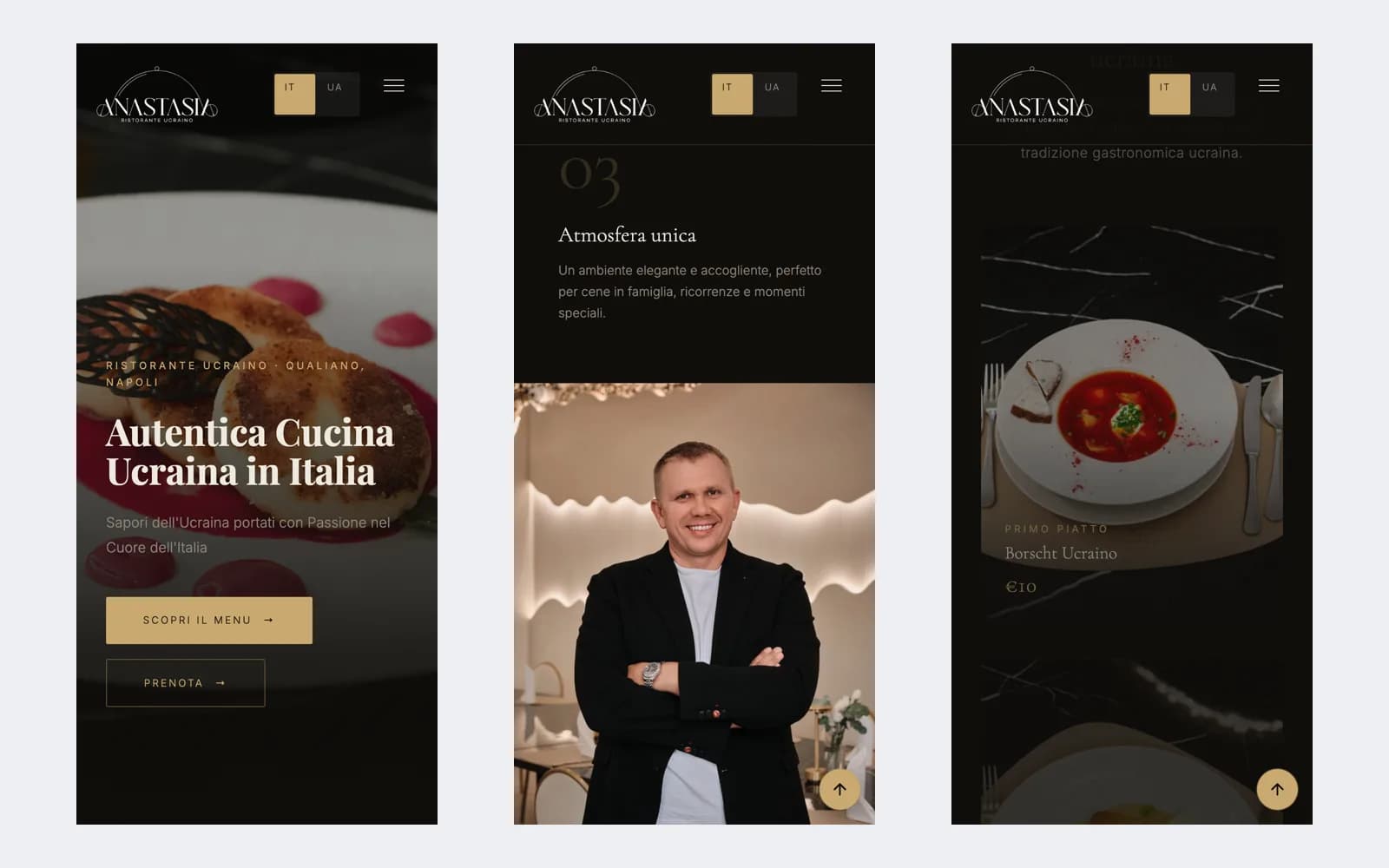 Sito Anastasia — versione mobile, tre schermate