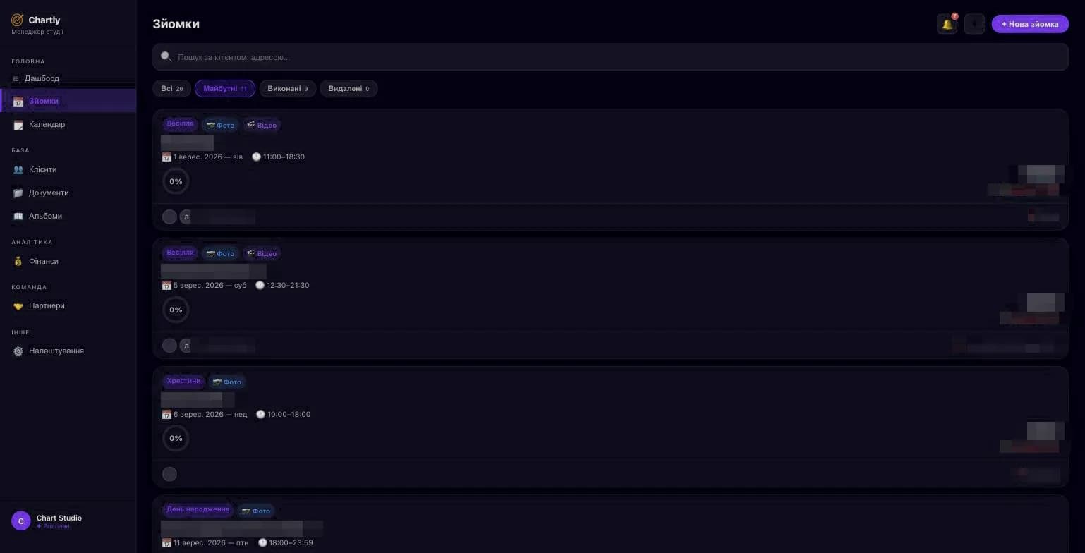 Chartly CRM — lista degli shooting con stato e acconti
