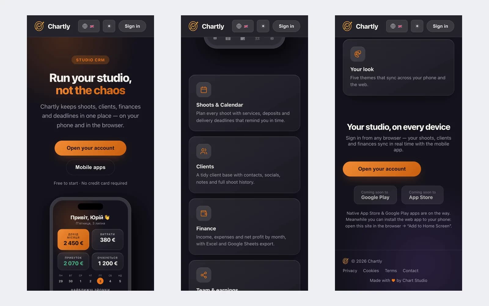 Chartly — versione mobile del sito, tre schermate