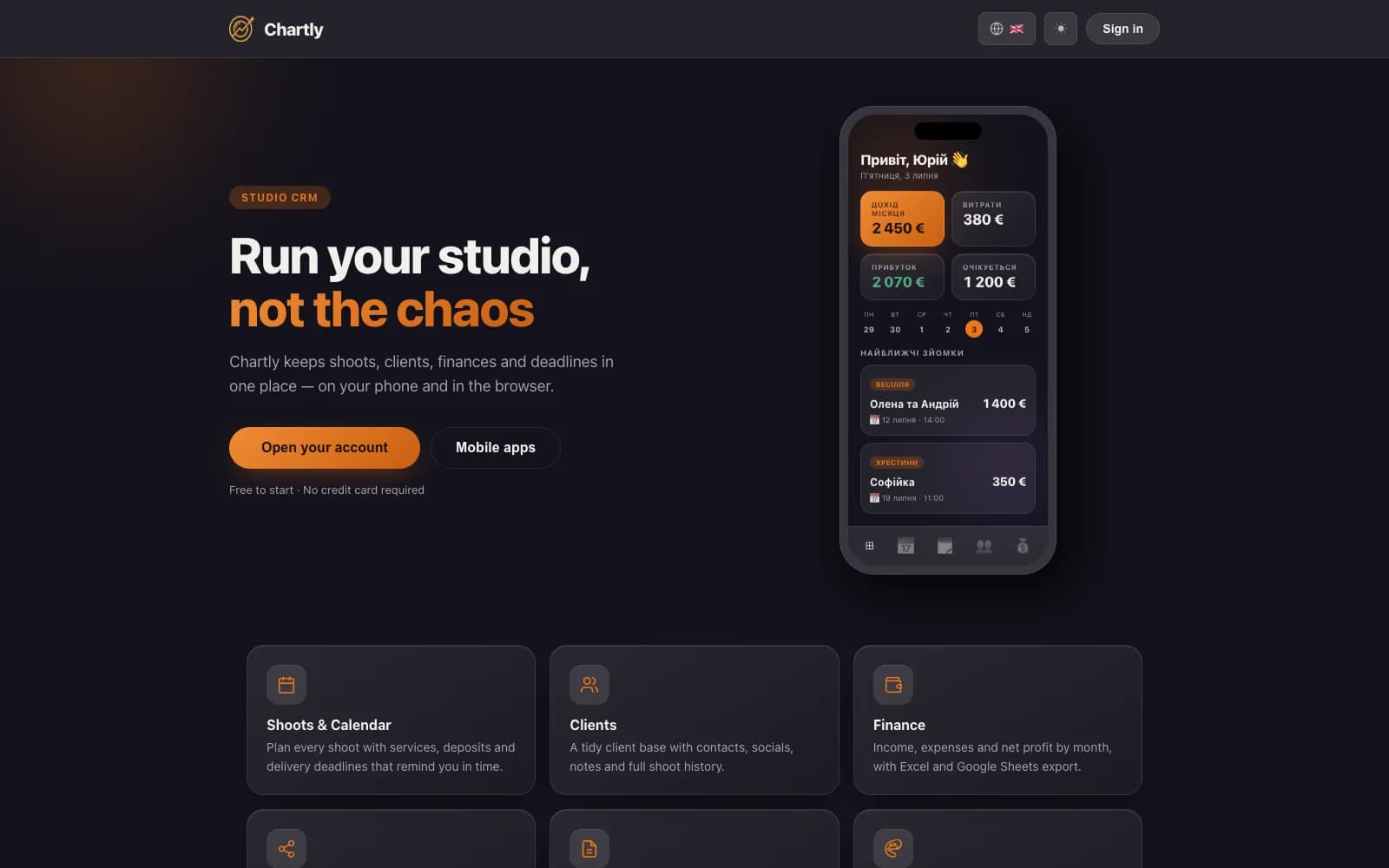 Chartly — Studio manager for photographers and videographers, on web and mobile.