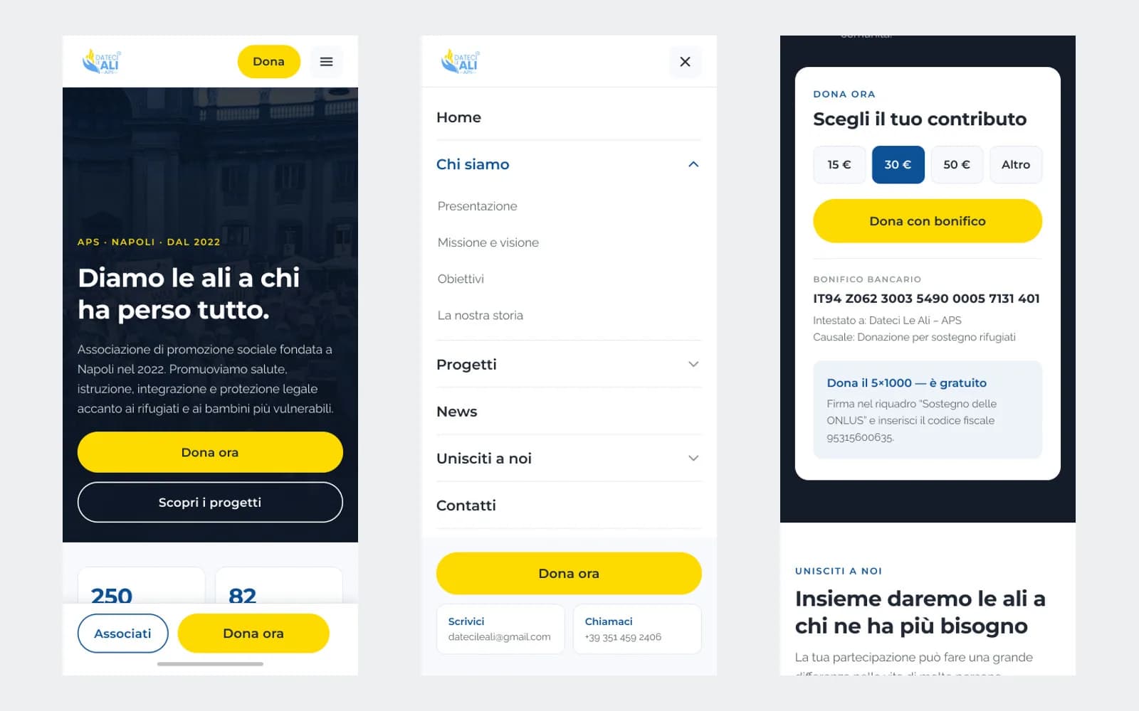 Tre schermate mobile: home con barra donazione fissa, menù a tutta pagina, scheda donazione