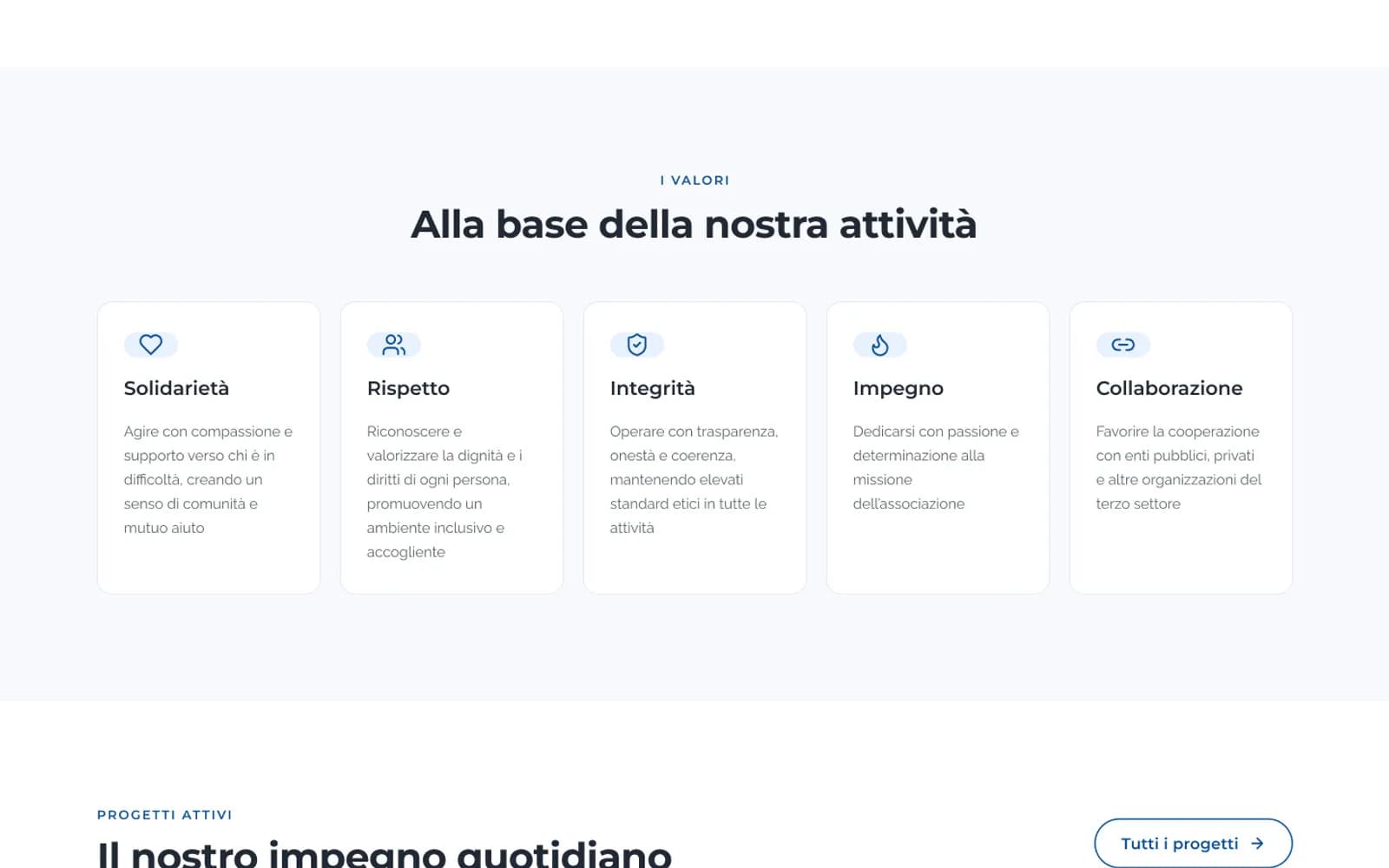 I cinque valori dell’associazione come schede leggibili sulla nuova home