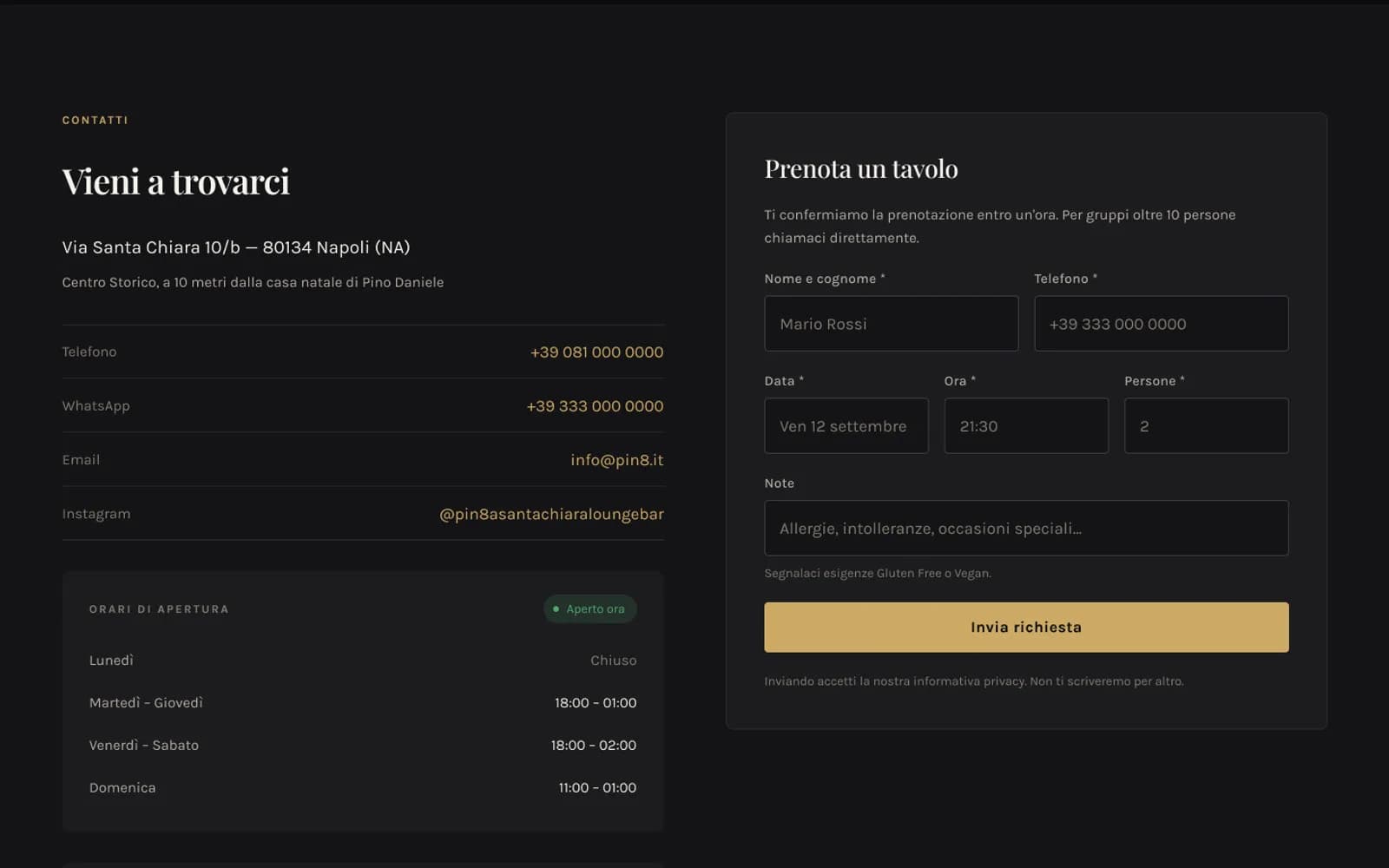 Contatti, orari di apertura e il modulo per prenotare un tavolo
