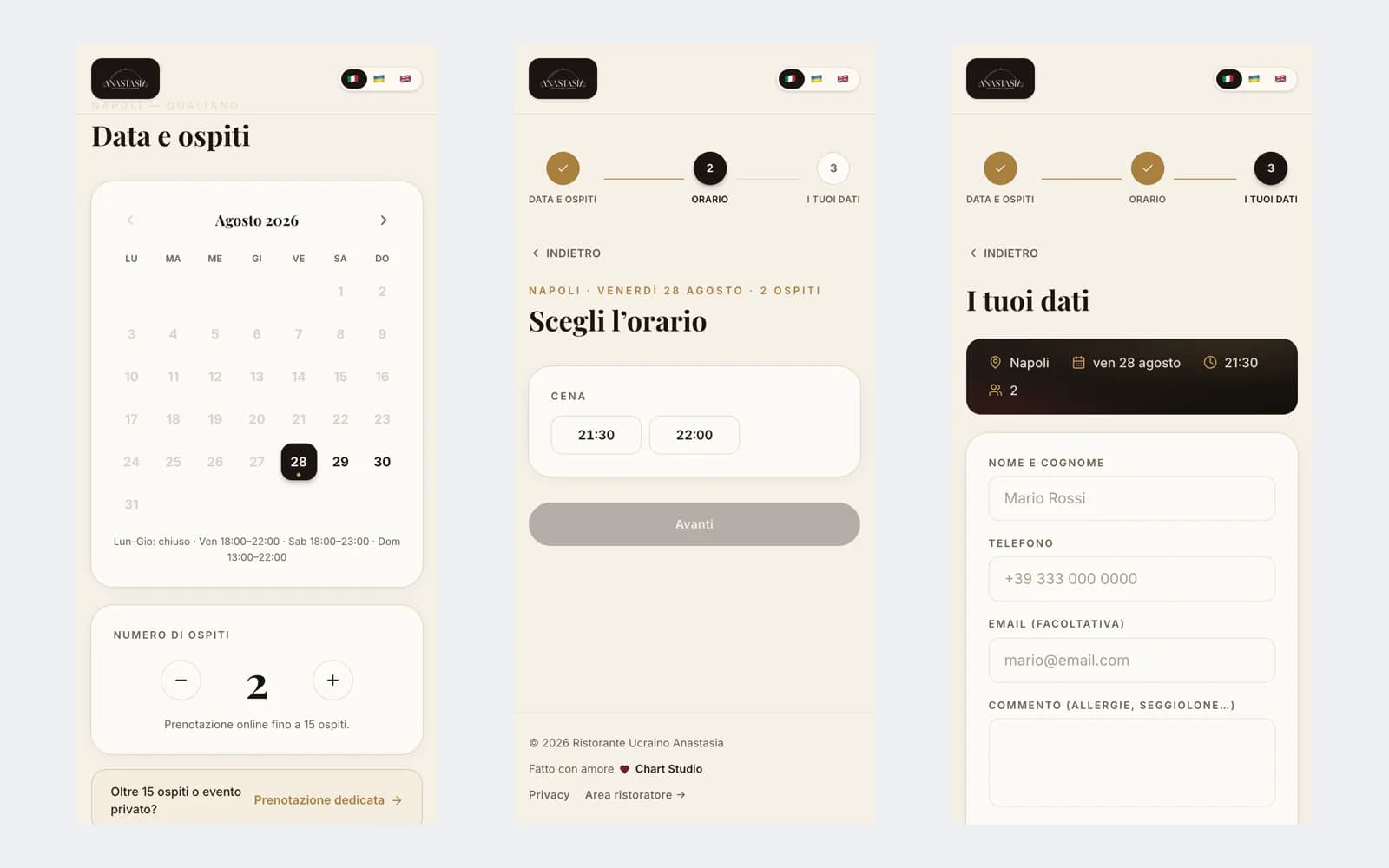 Prenotazioni Anastasia — i tre passi della prenotazione su mobile